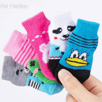 4Pcs Cute Pet Dog Socks with Print Anti-Slip