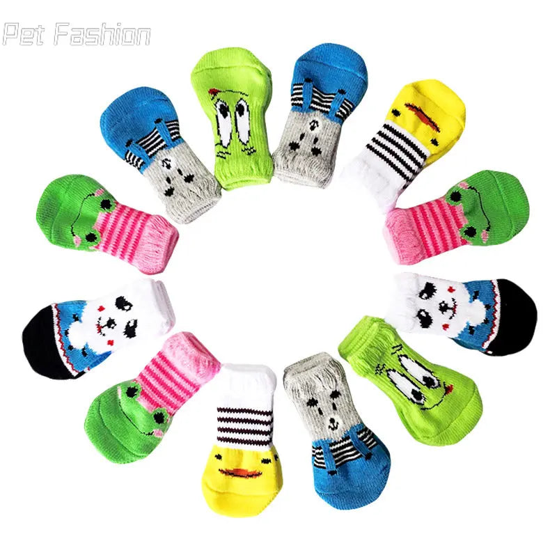 4Pcs Cute Pet Dog Socks with Print Anti-Slip