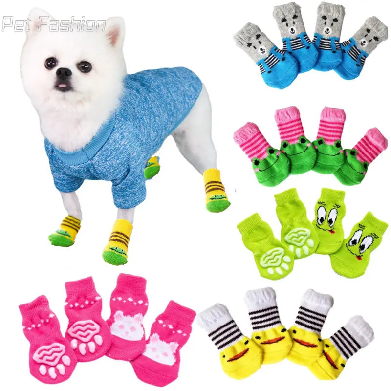 4Pcs Cute Pet Dog Socks with Print Anti-Slip